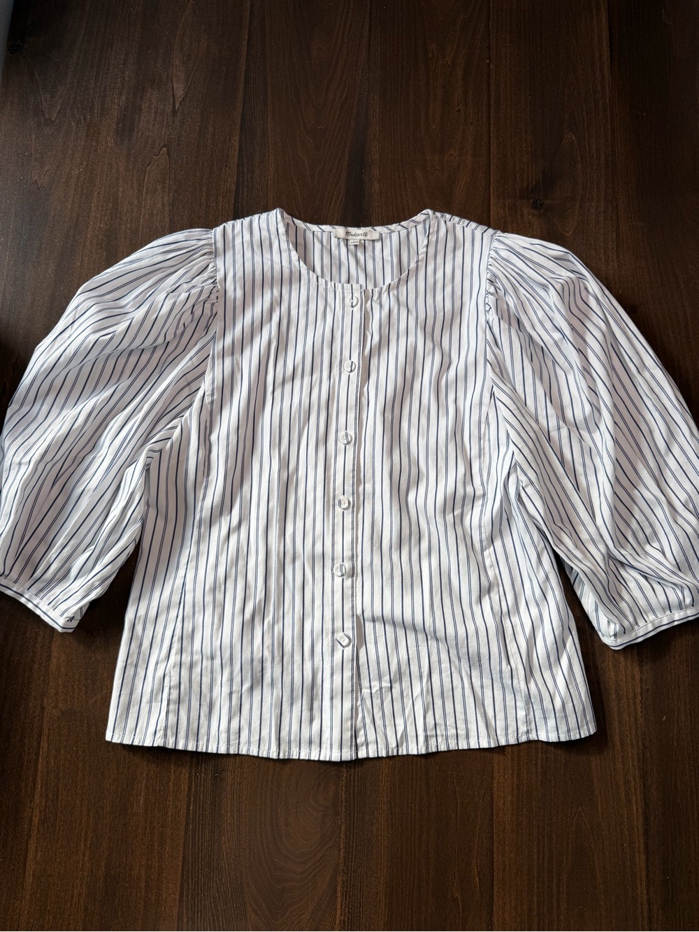 Madewell White Blouse with Navy Vertical Stripes